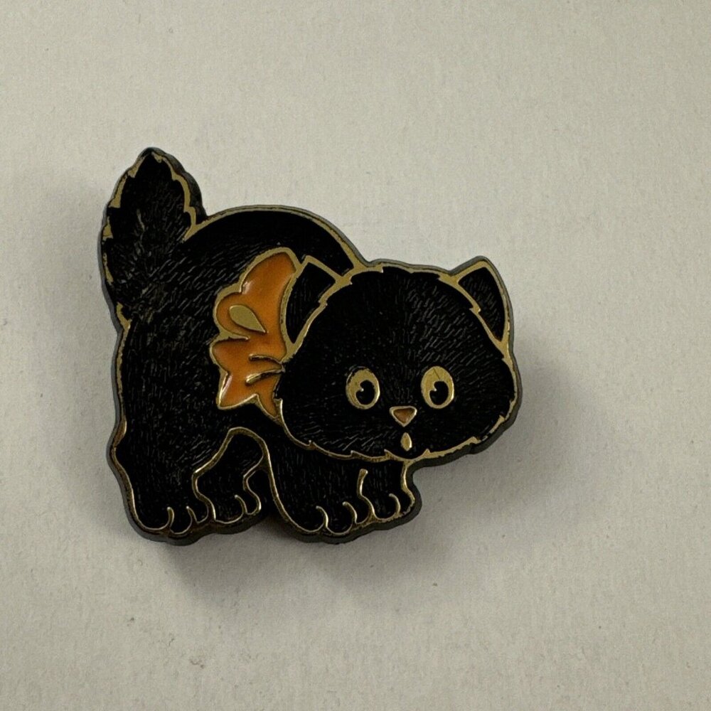 Vintage 80s Hallmark Halloween Plastic Black Gold Cat Orange Bow Pin C39